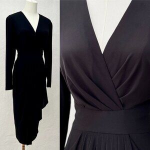 Vintage 80s Rimini Long Sleeve V-Neck Draped Tea Length Midi Black Dress Size 6